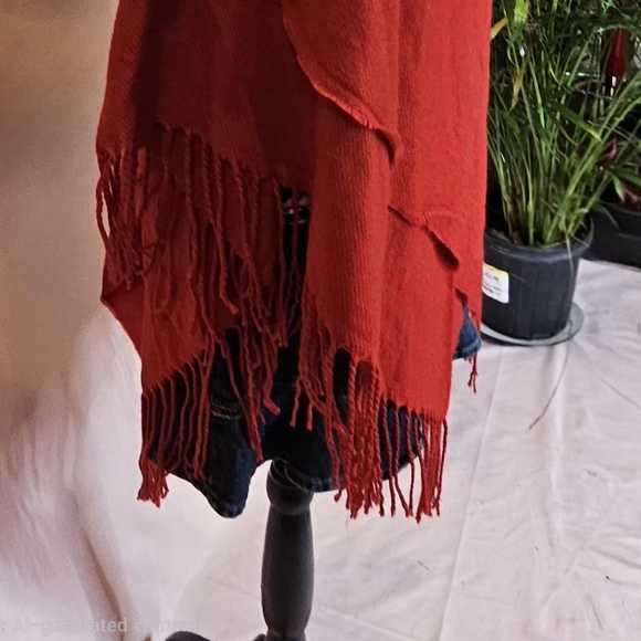 Bohemian Red Fringe Shawl Wrap / Toggle Front Cape - One Size - Picture 12 of 16